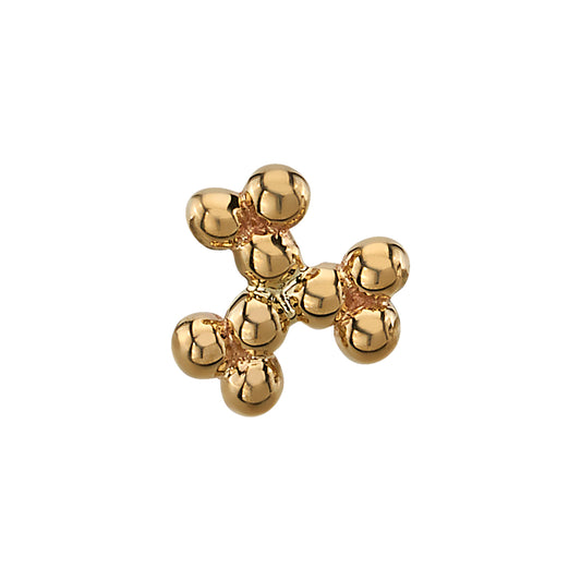 Close-up of BVLA’s 9-bead symbol end in 14k yellow gold, featuring a modern clustered cross shape ideal for helix, conch, or flat piercings.