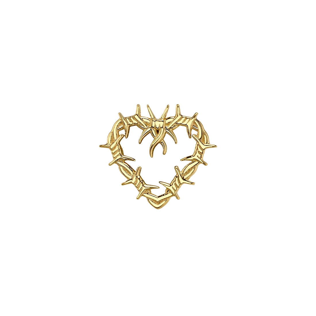 BVLA Barbed Heart end in 14k yellow gold, shaped as an open heart formed from barbed wire, ideal for flat or helix piercings.