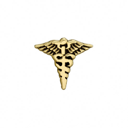 BVLA Caduceus end in 14k yellow gold, featuring the classic winged staff with entwined serpents, ideal for flat or helix piercings.