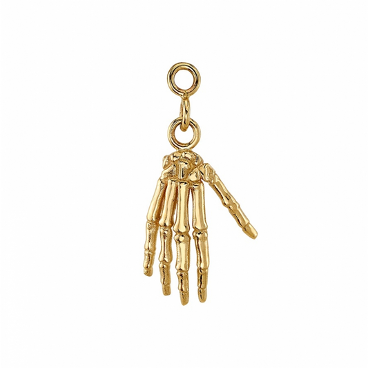BVLA gold skeleton hand charm with detailed bone structure and three jump rings.