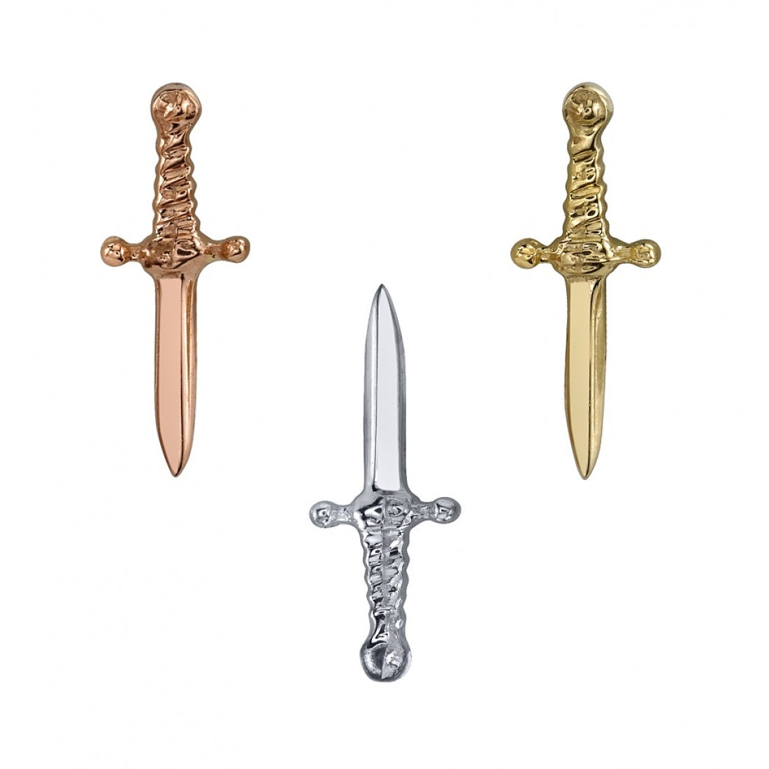 BVLA Dagger end in 14k gold shown in yellow, white, and rose gold finishes with detailed hilt and polished blade design.