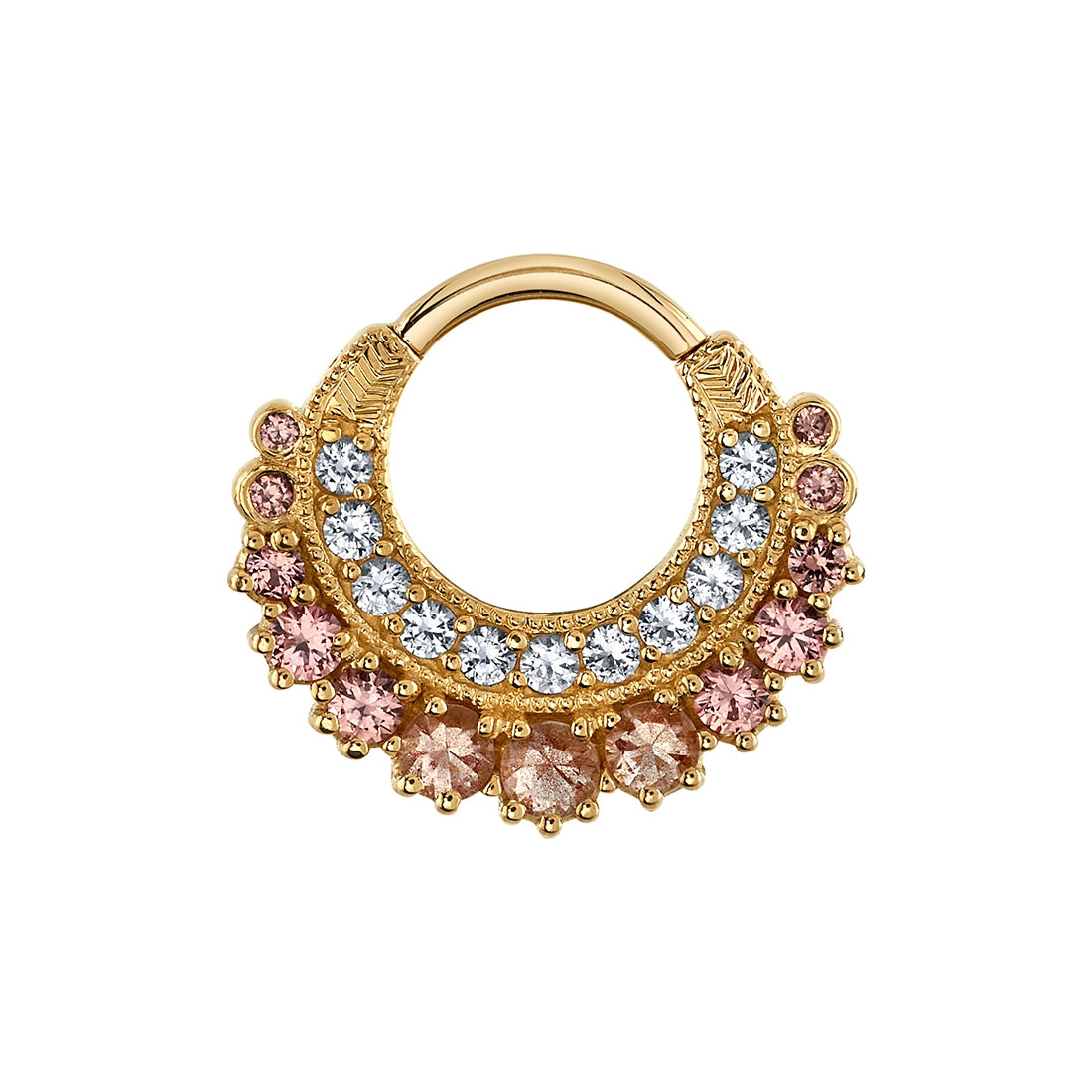 gold hinged ring with white sapphires champagne sapphires and oregon sunstone in two rows