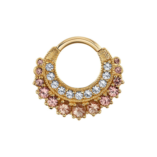 gold hinged ring with white sapphires champagne sapphires and oregon sunstone in two rows