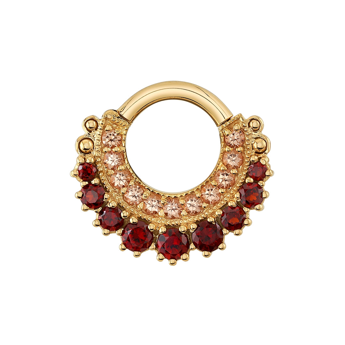 gold hinged ring with champagne sapphires and garnet gemstones in two rows