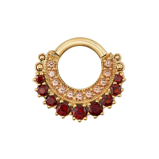 gold hinged ring with champagne sapphires and garnet gemstones in two rows