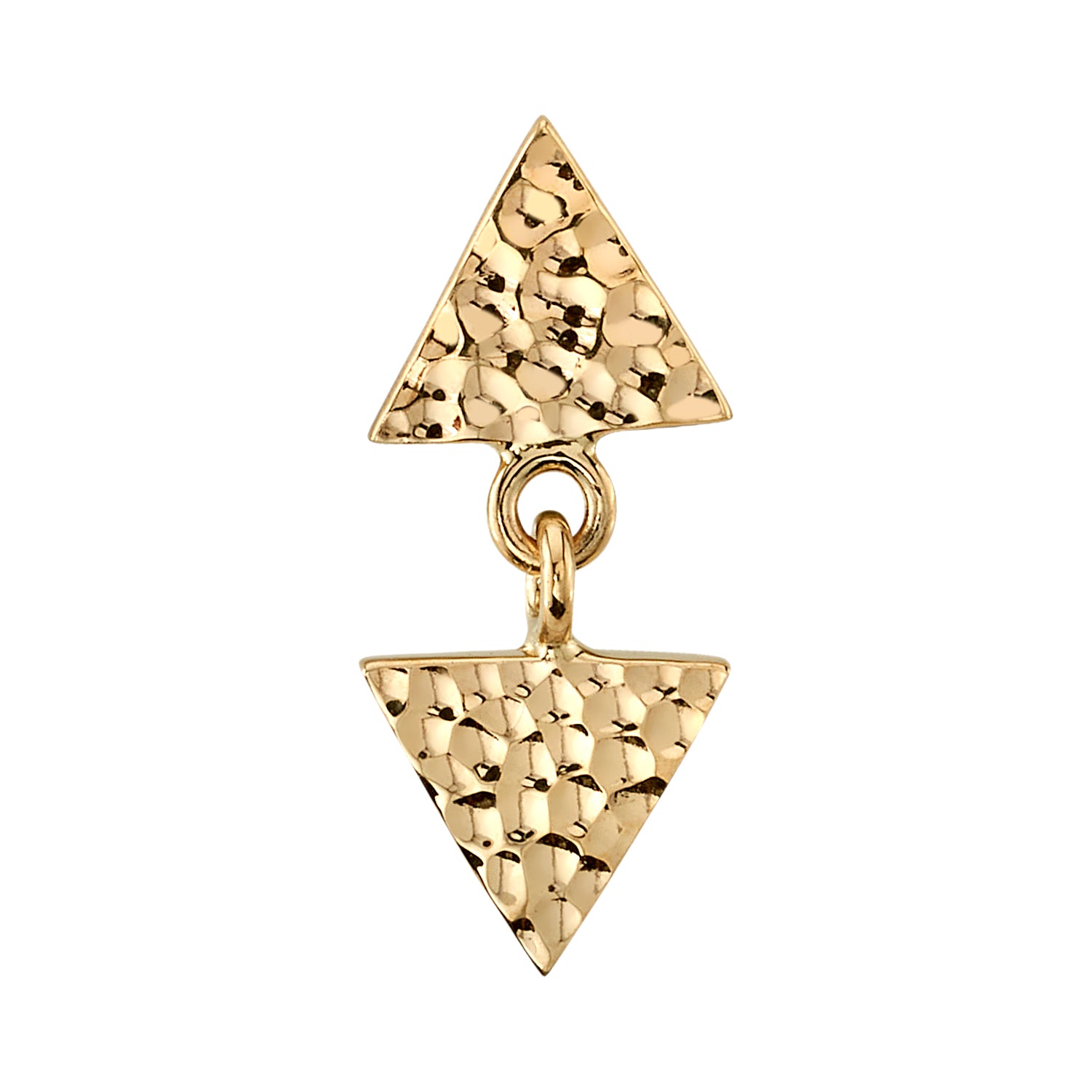 BVLA Satpura end in 14k yellow gold with two hammered triangles linked by a small gold ring.