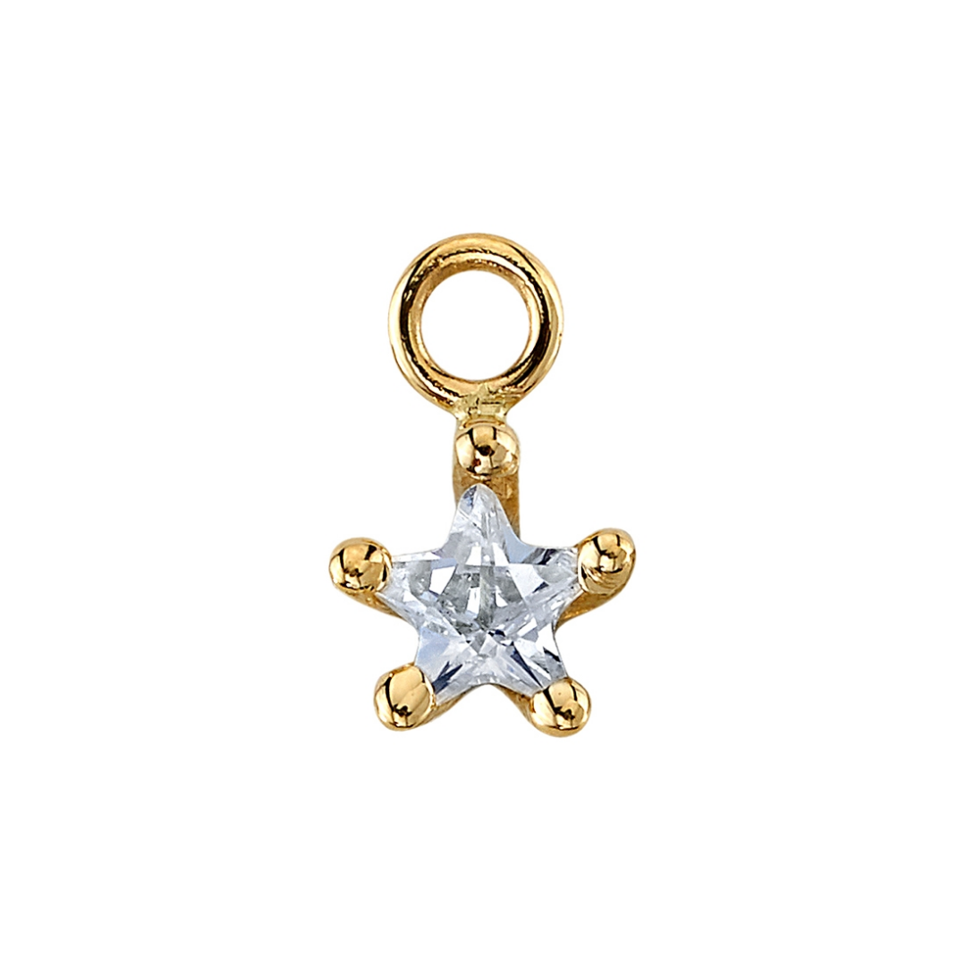 BVLA star point prong charm in 14k gold with cubic zirconia, available in yellow, white, and rose gold.