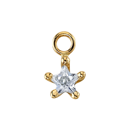 BVLA star point prong charm in 14k gold with cubic zirconia, available in yellow, white, and rose gold.