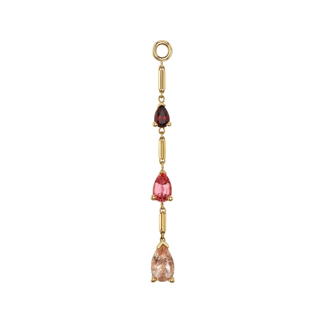 BVLA Three Tears charm with pear cut garnet, lab created padparadscha sapphire, and Oregon sunstone set in 14k gold.