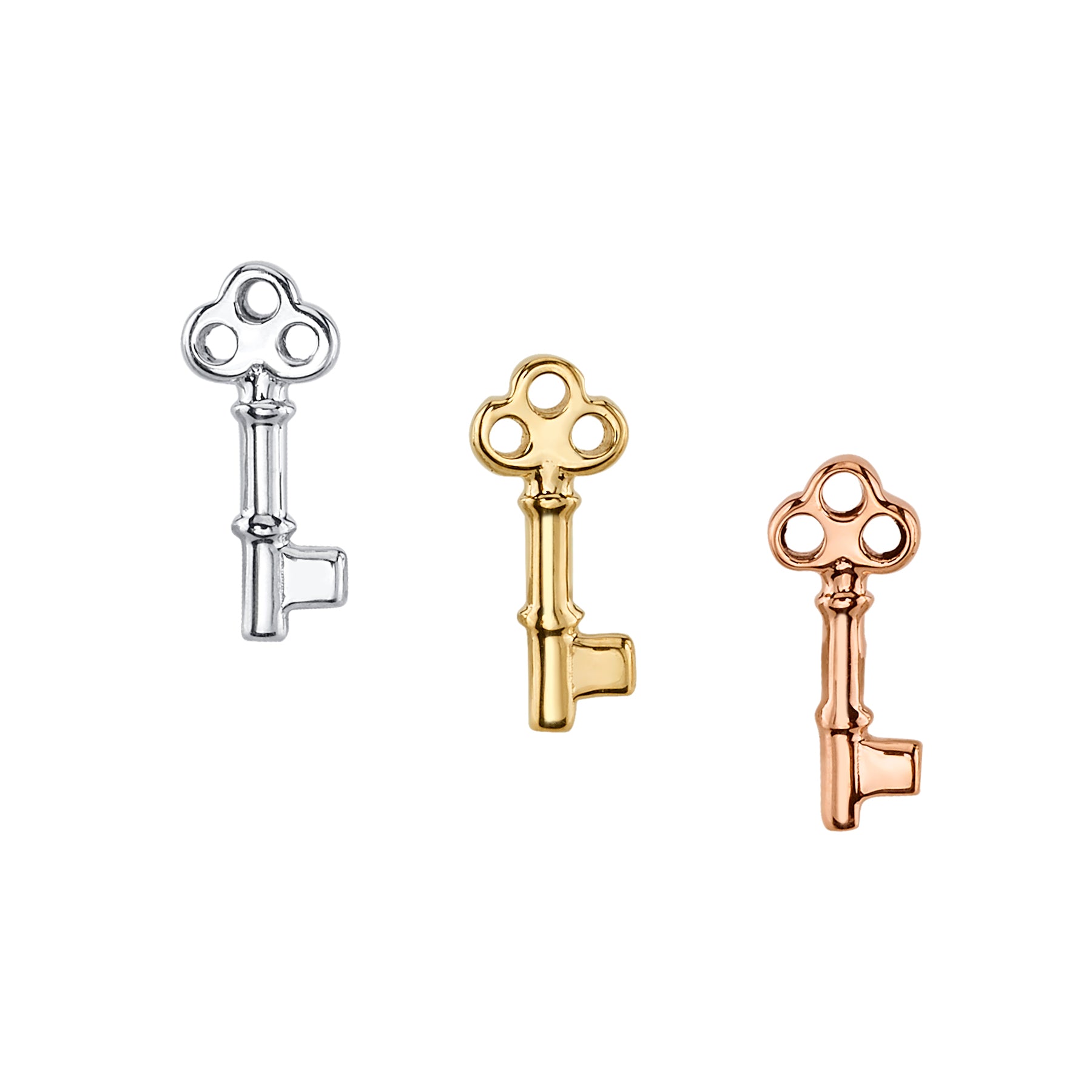 BVLA Tiny Key end in 14k gold with a polished skeleton key design, available in yellow, white, and rose gold.