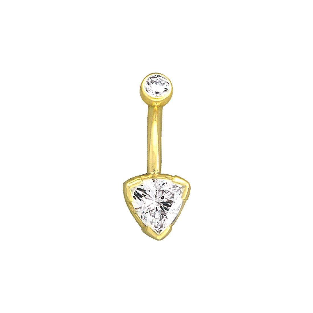 BVLA Trillion Half Bezel navel bar in 14k gold with diamond or cubic zirconia stones, 14g 1.6mm belly bar available in yellow, white, and rose gold.