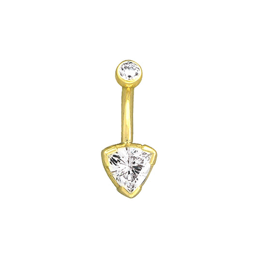 BVLA Trillion Half Bezel navel bar in 14k gold with diamond or cubic zirconia stones, 14g 1.6mm belly bar available in yellow, white, and rose gold.