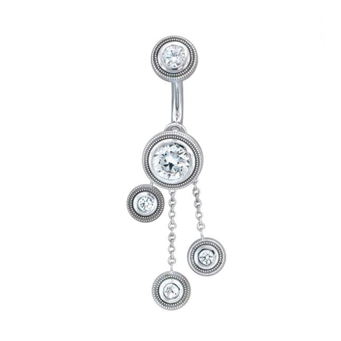BVLA Valencia navel bar in 14k gold with white cubic zirconia stones, 14g 1.6mm belly bar featuring millgrain bezels and platinum chain dangles.