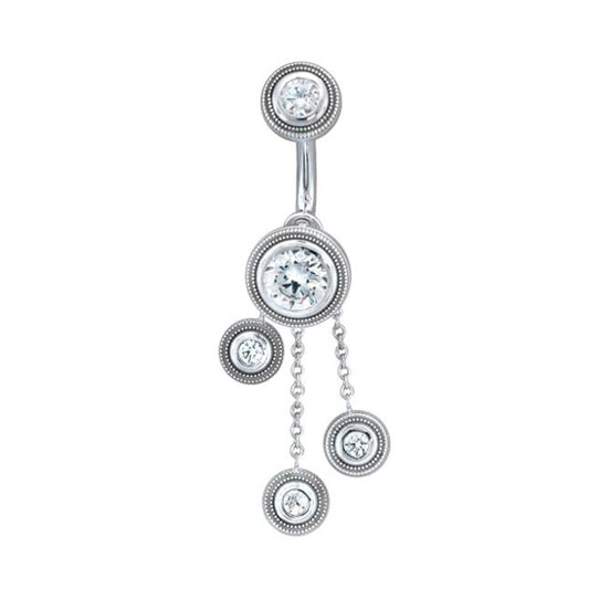 BVLA Valencia navel bar in 14k gold with white cubic zirconia stones, 14g 1.6mm belly bar featuring millgrain bezels and platinum chain dangles.