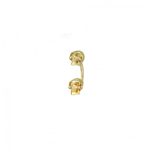 BVLA Yorick navel bar in 14k gold with twin sculpted skulls, 14g 1.6mm luxury gold belly bar available in yellow, white, and rose gold.