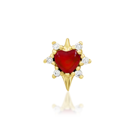 Heart-shaped red gemstone piercing with 14k gold prongs and CZ accents, romantic cartilage or helix jewellery