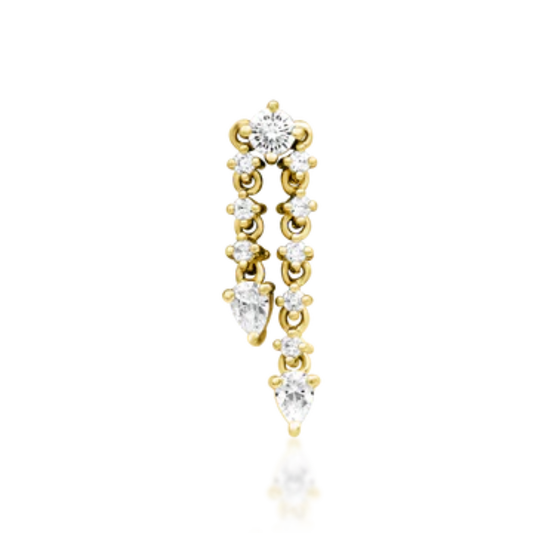 Elegant 14k gold double-drop chain piercing with teardrop and round CZ stones, luxury dangle cartilage jewellery.