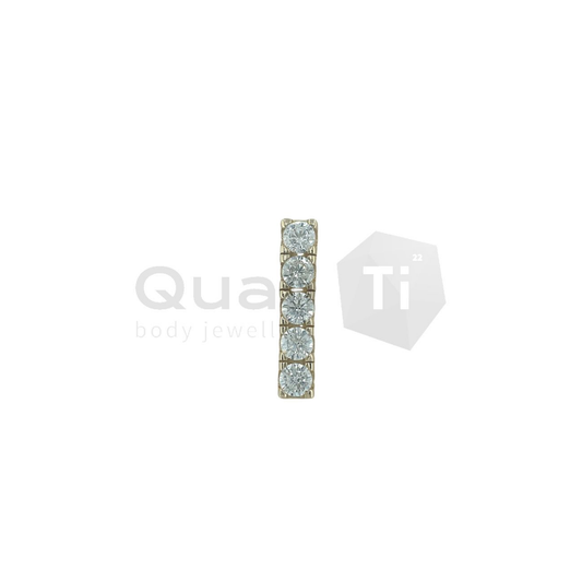 14k yellow gold threadless body jewellery attachment with five vertically set round cubic zirconia stones in a prong setting, suitable for lobe, flat, or helix piercings.