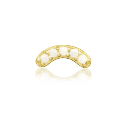 Very shiny 14k gold curved body jewellery featuring five luminous round opals in a soft arc shape. A subtle, elegant accent ideal for helix, rook, or flat piercings