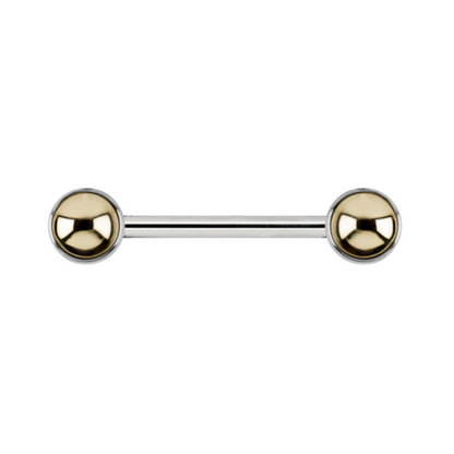 Le Roi Jewelry Doublette Side-Set industrial barbell with gold domed ends and titanium straight bar