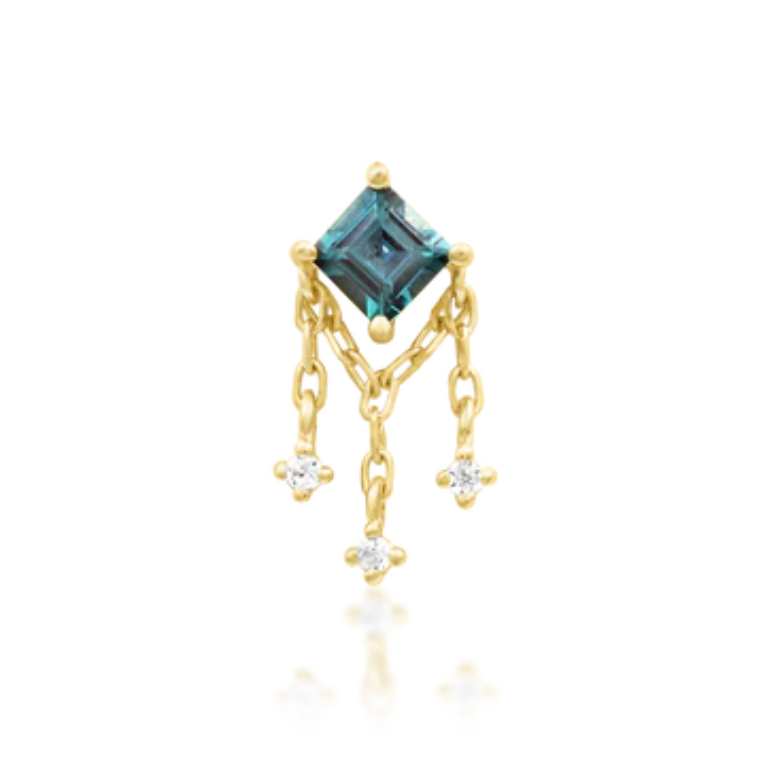 14k gold stud featuring a square-cut deep teal gem with three chain drops ending in white CZ accents.