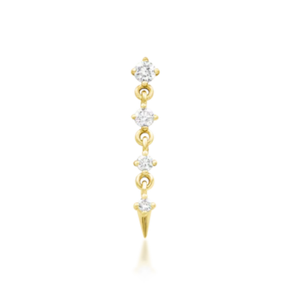Long 14k gold dangle stud with white diamond gems and spike drop.