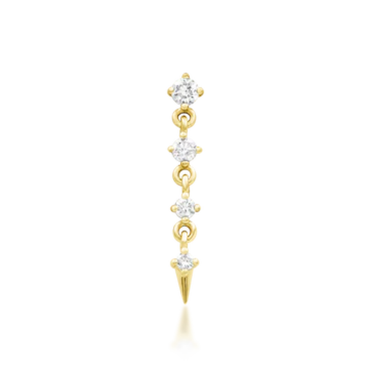 Long 14k gold dangle stud with white diamond gems and spike drop.