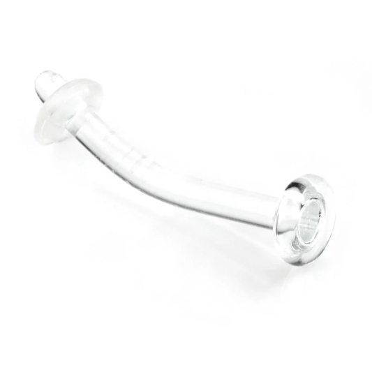 Clear curved borosilicate glass piercing retainer with a flared end and small stopper, suitable for eyebrow or rook piercings