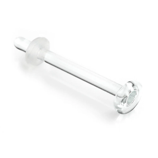 Clear straight borosilicate glass piercing retainer with a flared end and small stopper, suitable for septum or labret style piercings