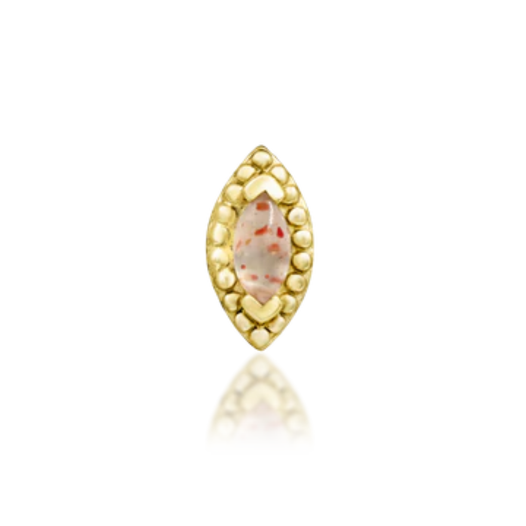 14k gold marquise-shaped stud with bezel-set sunstone and granulated border