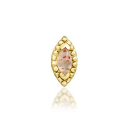 14k gold marquise-shaped stud with bezel-set sunstone and granulated border