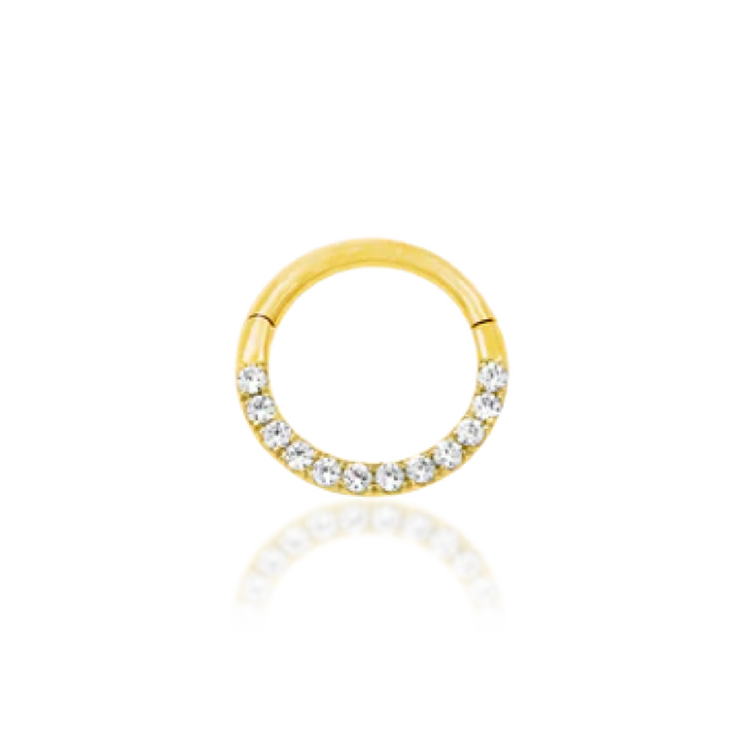 Junipurr gold clicker ring with clear CZ stones for septum or daith piercings