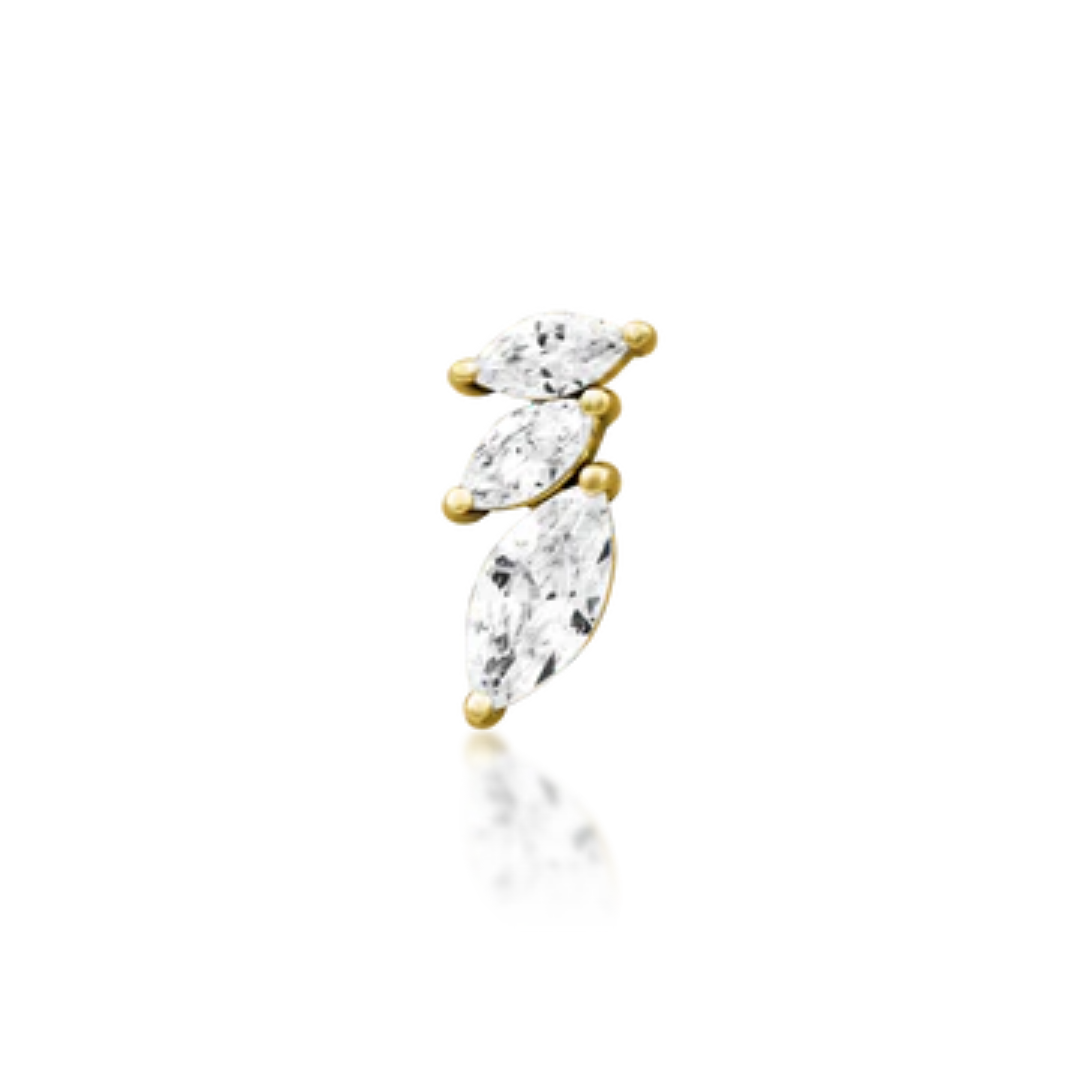 14k gold piercing jewellery with three ascending marquise-cut CZ stones set in a curved leaf-like formation.