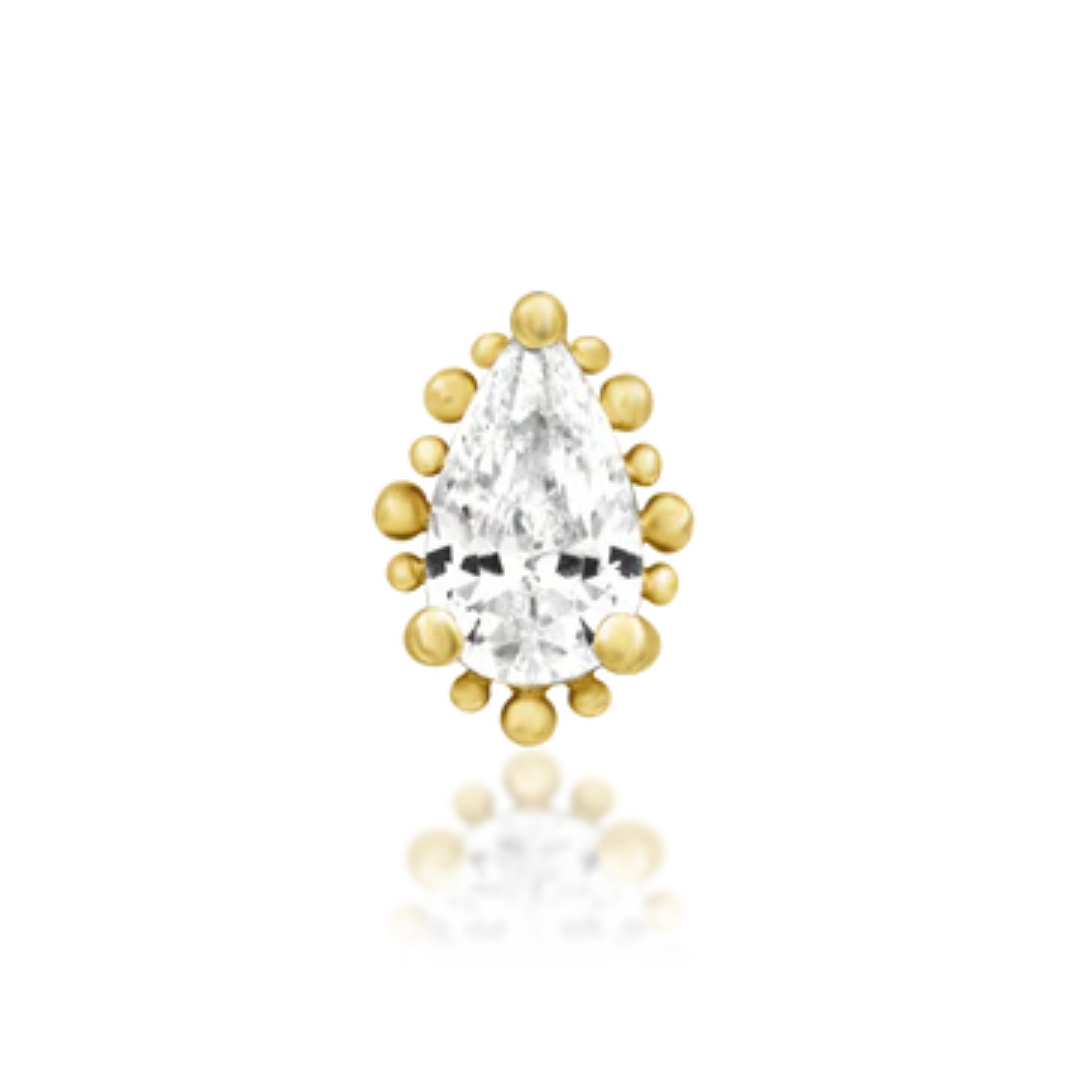 14k gold pear-shaped stud with a clear CZ centre stone and beaded gold detailing.