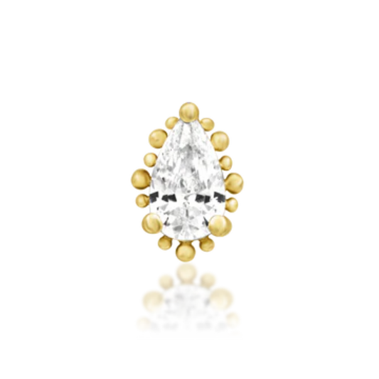 14k gold pear-shaped stud with a clear CZ centre stone and beaded gold detailing.
