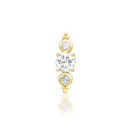 Very shiny 14k gold body jewellery featuring three brilliant white diamond stones with delicate beaded accents. A radiant vertical stud ideal for lobe, helix, or flat piercings