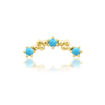 14k gold decorative arc piercing end featuring three vibrant turquoise stones framed by polished gold granules.