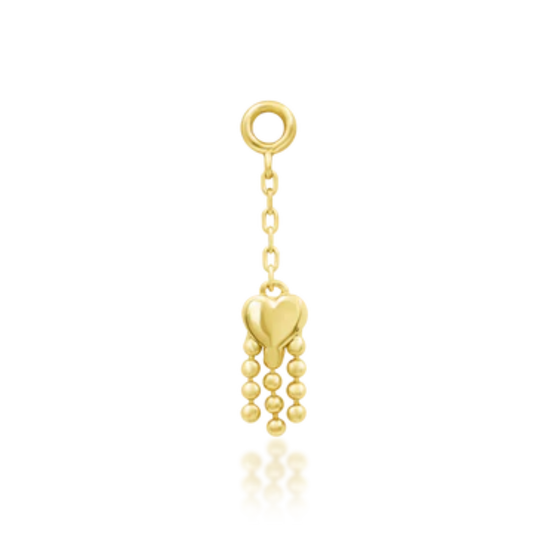 gold heart-shaped piercing charm with three dangling bead strands on a chain
