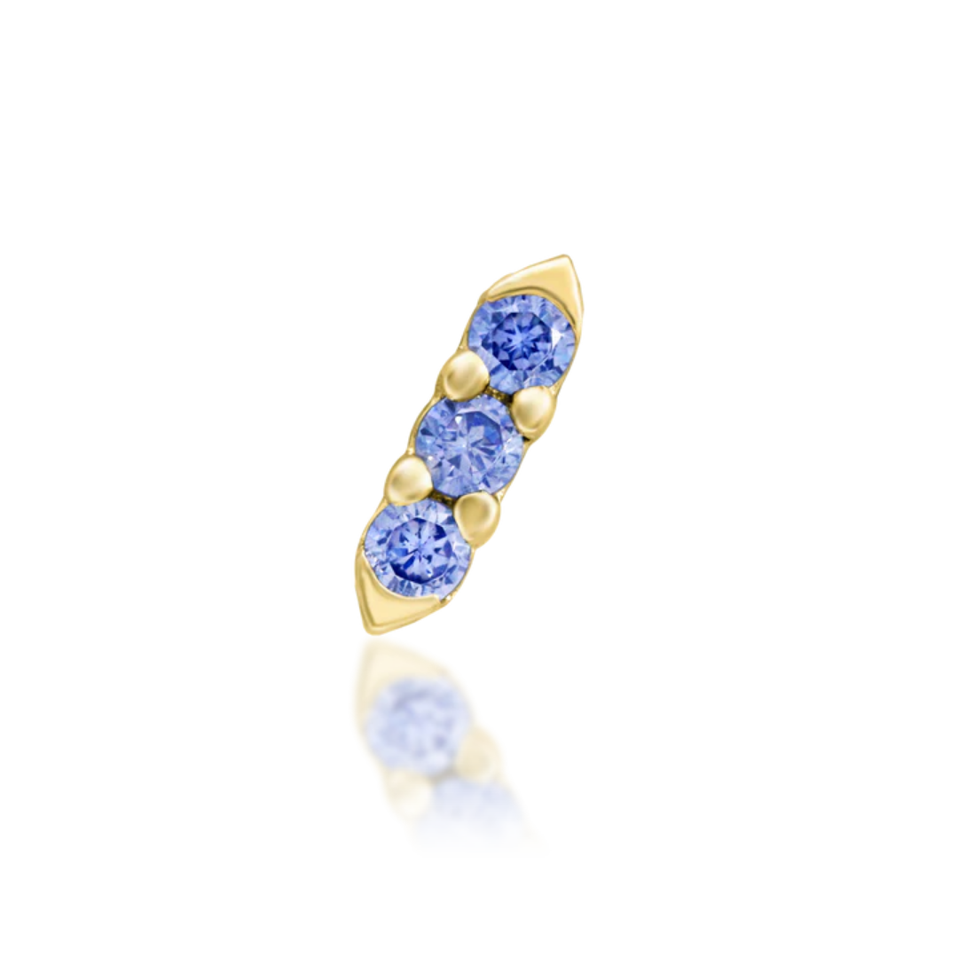 Junipurr Adea threadless end with three blue cubic zirconia stones in curved setting
