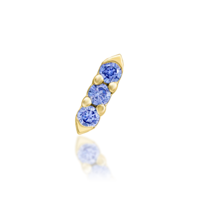 Junipurr Adea threadless end with three blue cubic zirconia stones in curved setting