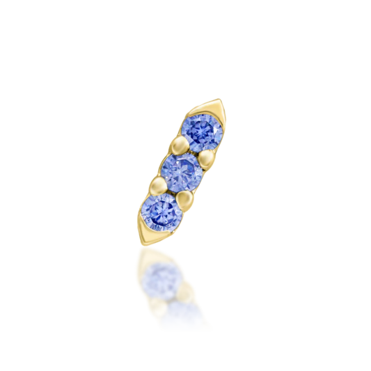 Junipurr Adea threadless end with three blue cubic zirconia stones in curved setting
