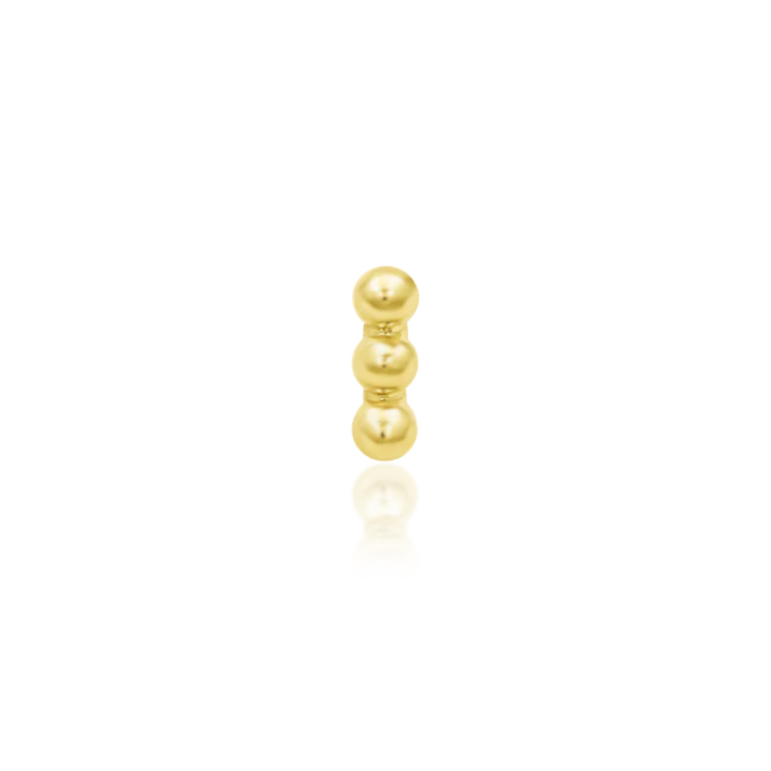 14k gold threadless end with three stacked polished beads in a vertical row