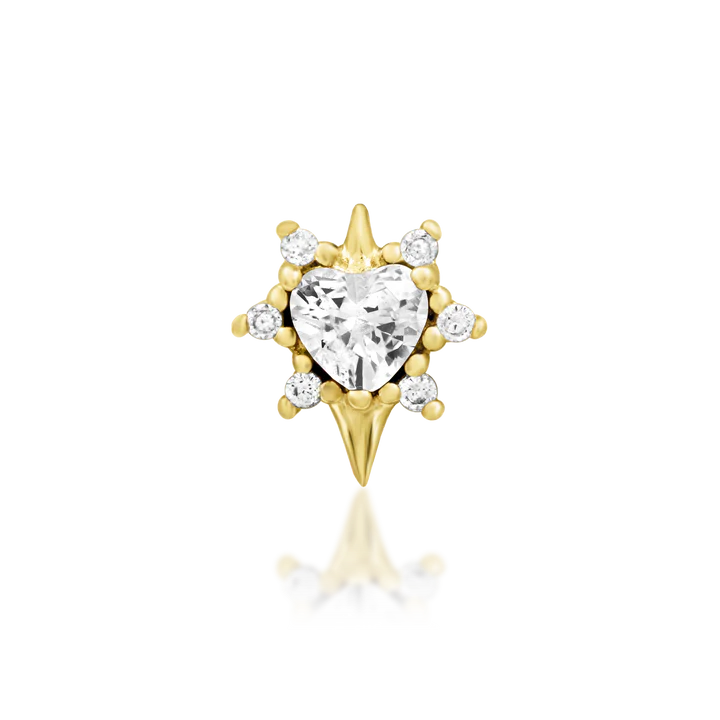 Junipurr Cadence threadless end with a heart cut cubic zirconia, round cubic zirconia, and gold body jewellery