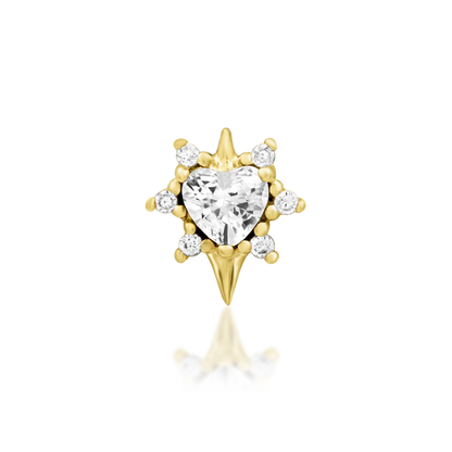 Junipurr Cadence threadless end with a heart cut cubic zirconia, round cubic zirconia, and gold body jewellery