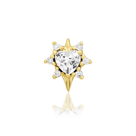 Junipurr Cadence threadless end with a heart cut cubic zirconia, round cubic zirconia, and gold body jewellery