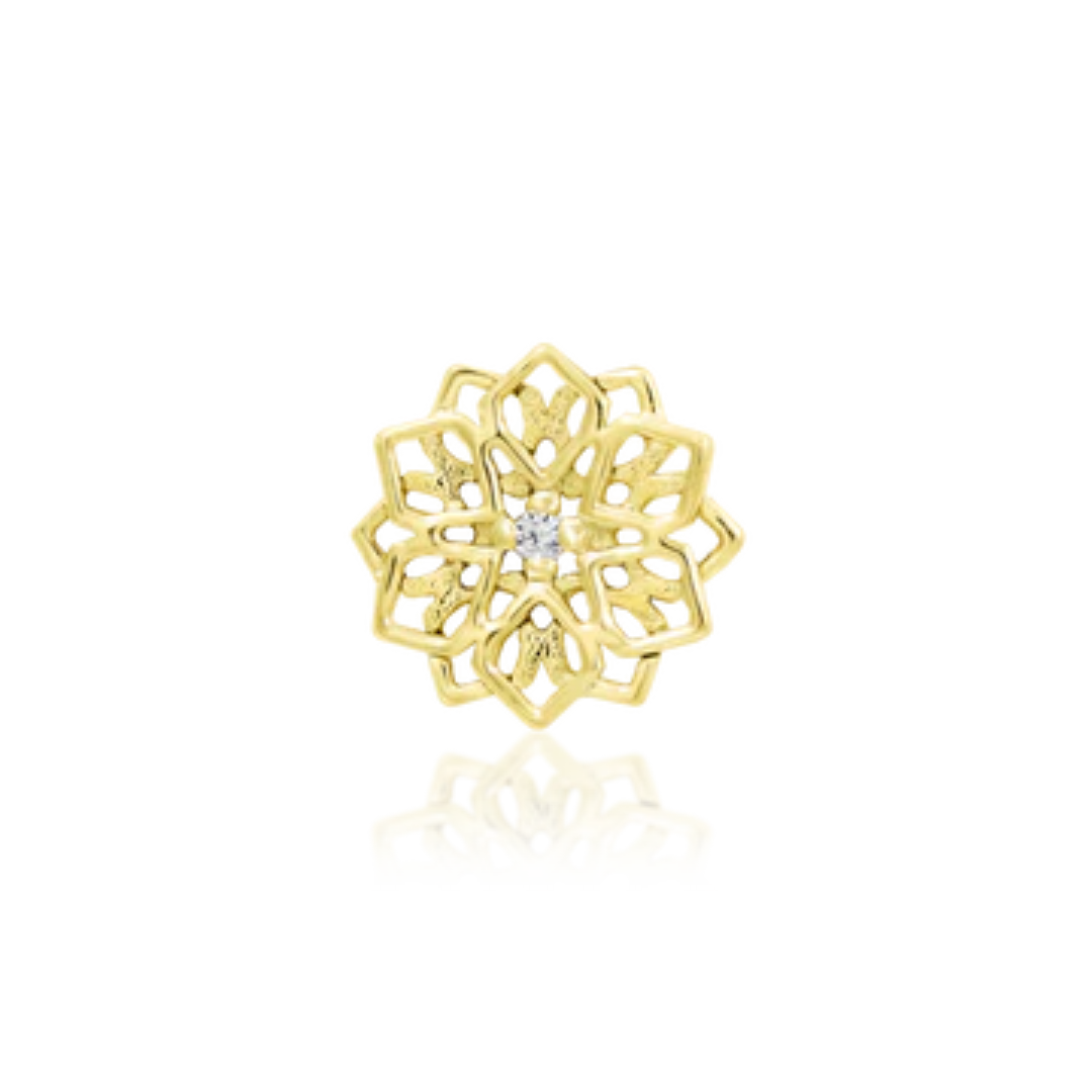 14k gold floral threadless end with layered open petals and central cubic zirconia