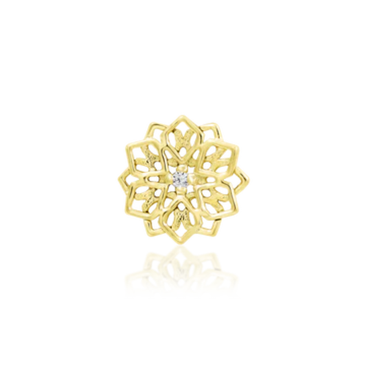 14k gold floral threadless end with layered open petals and central cubic zirconia
