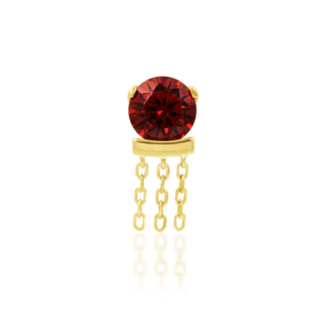 Junipurr Coella garnet red CZ threadless end with triple chains, 14k gold piercing jewellery