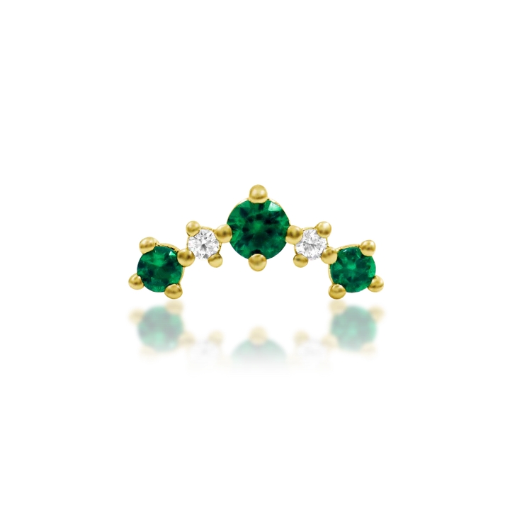 Junipurr Deaver threadless end with green and white CZ in a curved multi-stone design available in yellow, white, and rose gold tones

