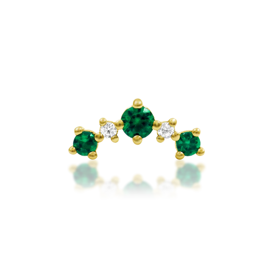 Junipurr Deaver threadless end with green and white CZ in a curved multi-stone design available in yellow, white, and rose gold tones
